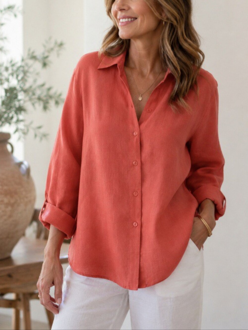 JM Collection 100% Linen Coral V-Neck Button Up Shirt - Size 10